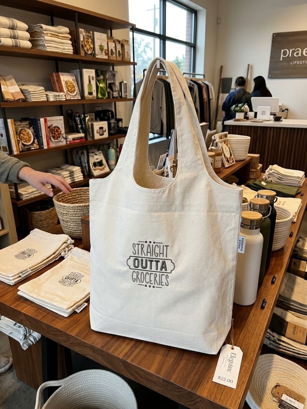 Cream Canvas Grocery Tote Bag with 'Straight Outta Groceries' Print